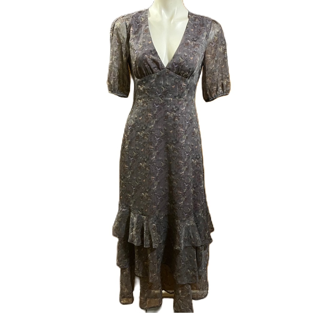 Senlis Purple Floral V-neck Bird Print Tiered Hem Dress Small